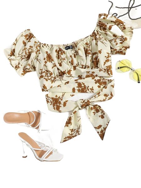 

ditsy floral tie waist puff sleeve b8pi#, White