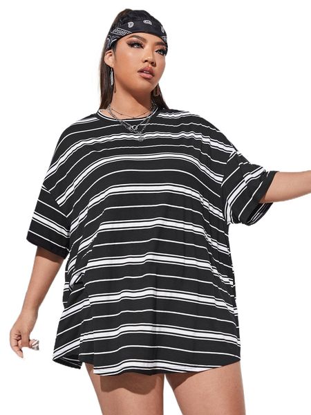 

plus drop shoulder striped tee 95xm#, Black