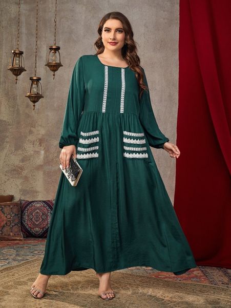 

plus guipure lace insert pocket patched lantern sleeve maxi dress u6p2#, Black