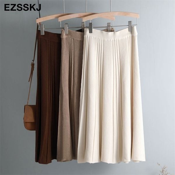 

vintage winter women thick sweater skirt elastic high waist pleated midi knitted skirt aline female solid elegant skirts y200326, Black