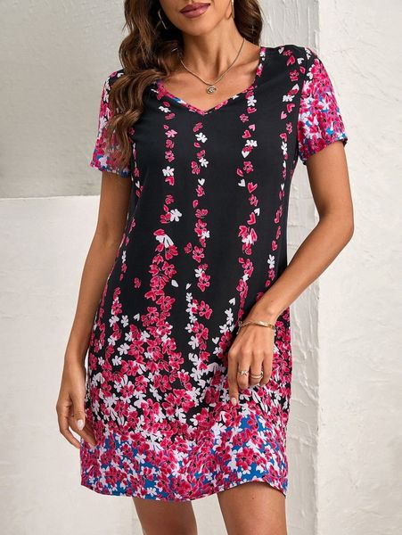 

floral print v neck dress z15x#, Black;gray