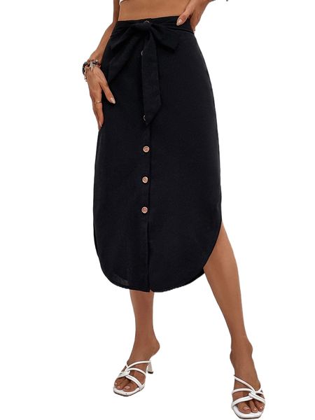 

tie front button front curved hem skirt t0js#, Black