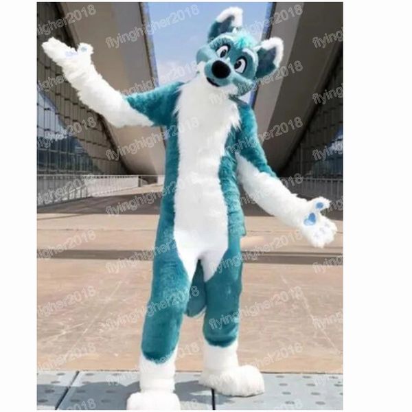 Hallowe Blue Hair Long Husky Mascot Costume Cartoon Anime Tema Personagem Carnaval Adulto Vestido Unissex Christmas Fanche Desempenho Vestido de Festa