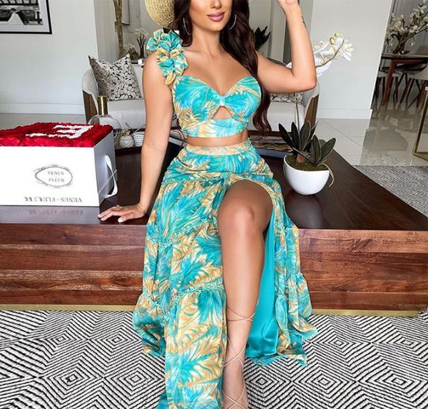 

off shoulder split floral print crop summer slim two piece dress and long skirt suit lady elegant, White