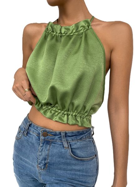 

solid frill trim tie backless halter 41x1#, White