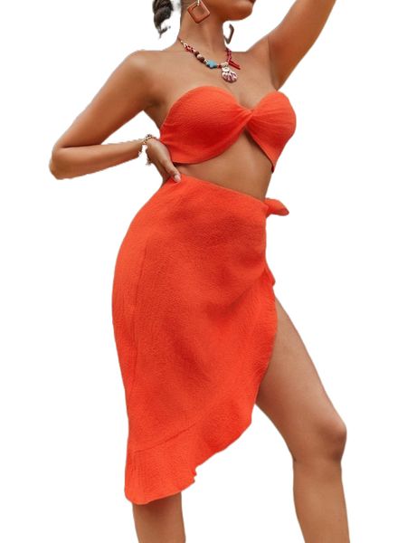 

sxy shirred twist crop tube & wrap tie side ruffle trim skirt r1fr#, White