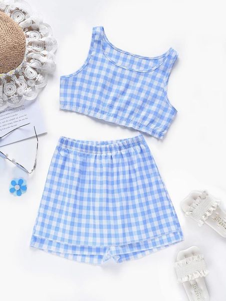 

girls gingham print tank & shorts she, White