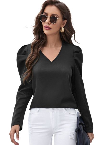 

v neck gigot sleeve blouse v4id#, White