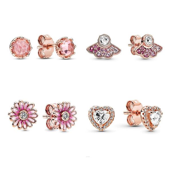 

genuine 925 silver pink diamond stud earrings luxury designer cz rose gold plated jewelry, pandora sparkling heart earrings with original bo, Golden;silver
