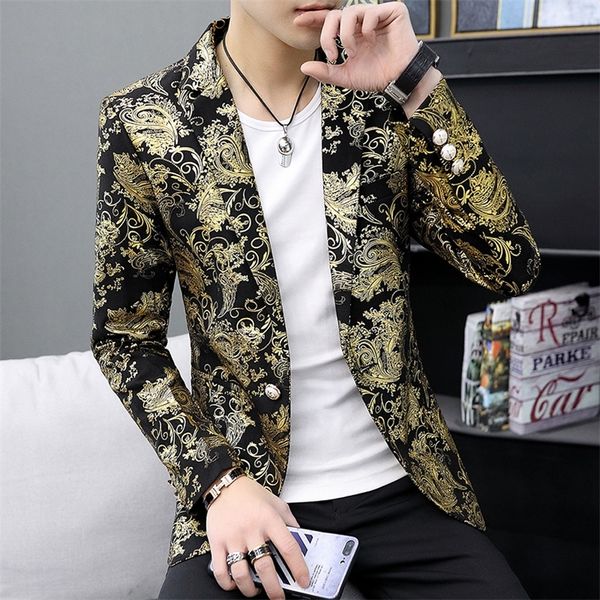 

gold cashew flowers printed luxury blazers men slim fit silver stage costumes for singers mens fashionable jackets unusual 220504, White;black