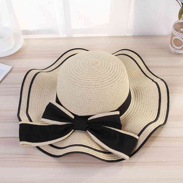 

hats summer big with wave edge bow straw women's beach shade, Blue;gray