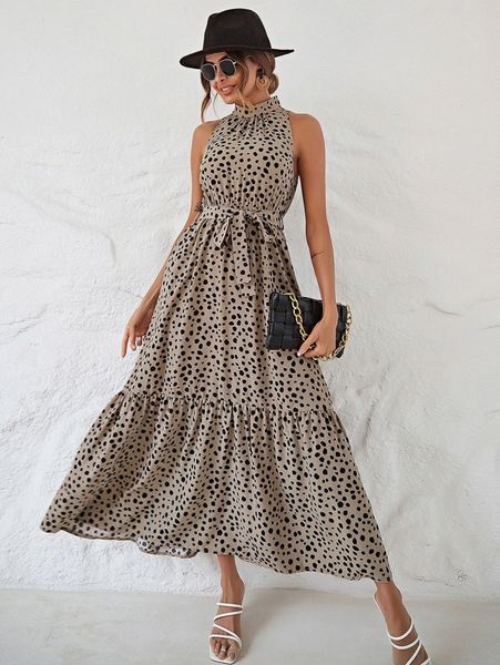 

dalmatian pattern belted ruffle hem dress o5p4#, Black;gray