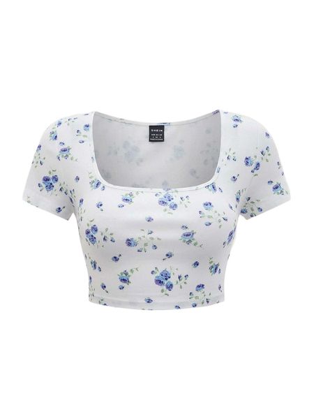 

floral print square neck tee v4qq#, White
