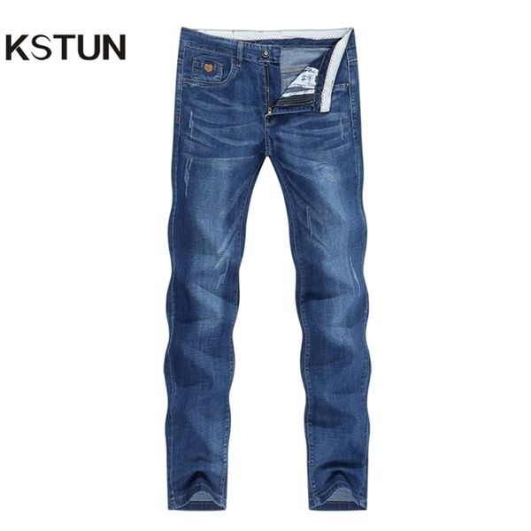 Jeans Kstun Men Summer Blue Slim Straight Straight calça de jeans casual calça masculina Male