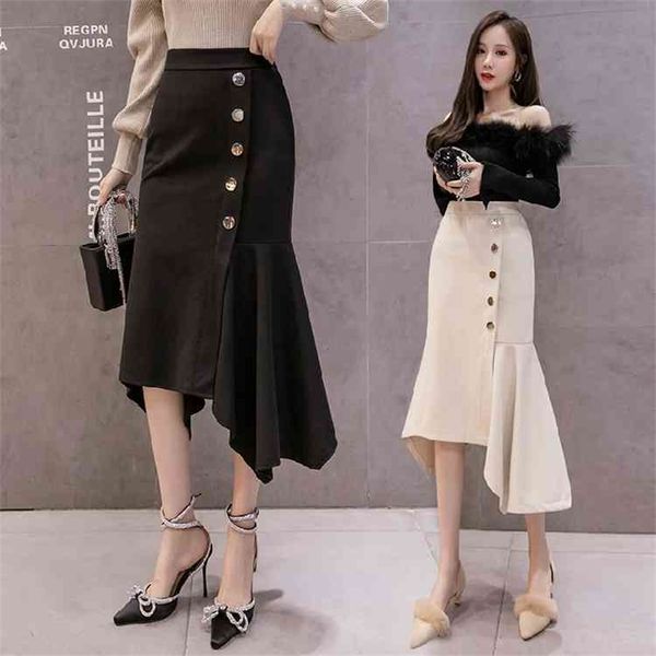 

autumn and winter fashion products woolen skirts hips and fishtail skirts mid-length lotus leaf irregular skirts 210412, Black