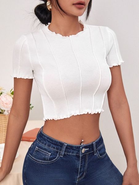 

lettuce trim rib-knit crop tee s4df#, White