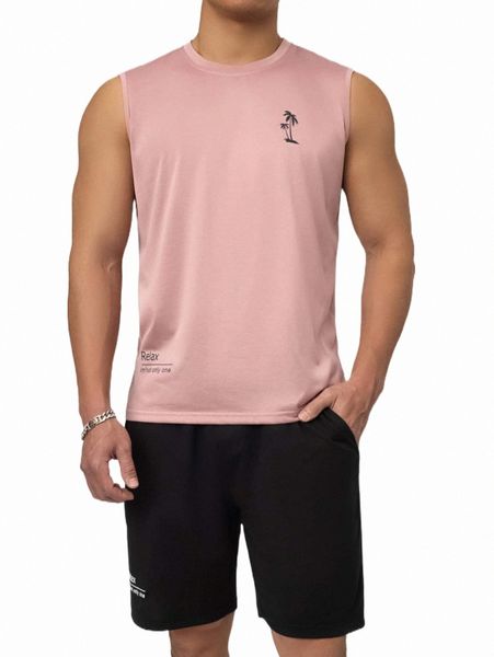 

men slogan & palm tree print tank & shorts u1gy#, Gray