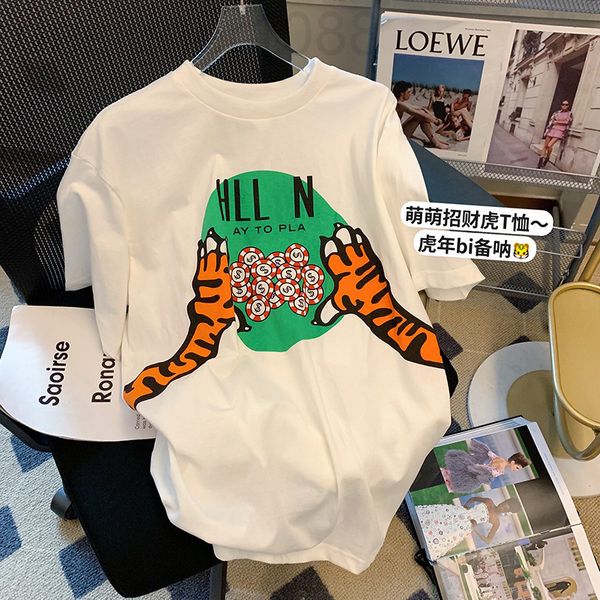 

women's t-shirt designer white fortune tiger printed short sleeve t-shirt women's early spring 2022 new design sense of minority l