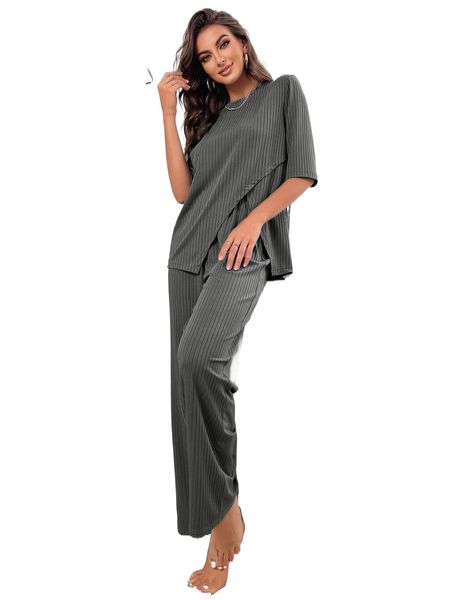 

ribbed knit asymmetrical hem lounge set x8il#, Black;red