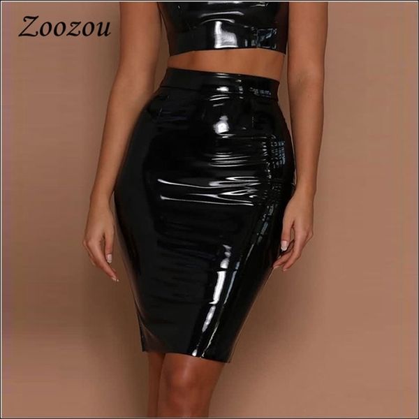 

black red latex leather bodycon skirts wool warm women above knee short skirt office lady pu patent leather pencil skirts 210315