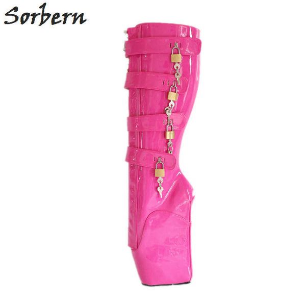 Sorbern 18cm 10 Keys Lockable Ballet Ballet Boots Boots Hoof Heelless Fetish Botas de color rosa fuerte para mujeres zapatos unisex Big Tamaño 43