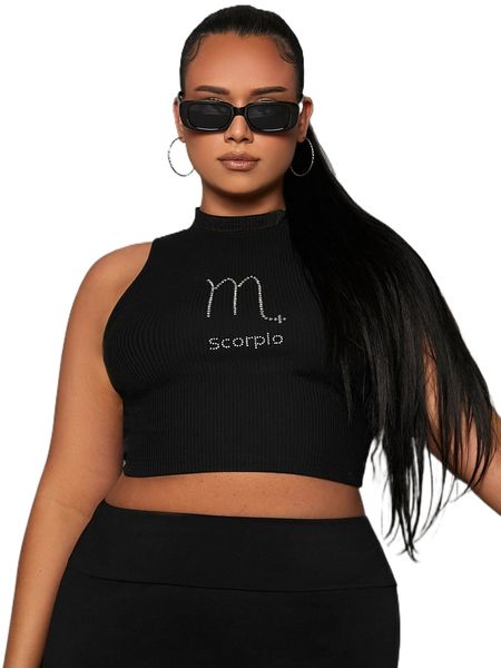 

plus letter & graphic rhinestone tank y3df#, Black