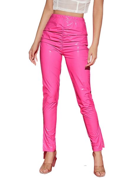 

bae high waist ruched split hem pu leather pants 88c3#, Black;white