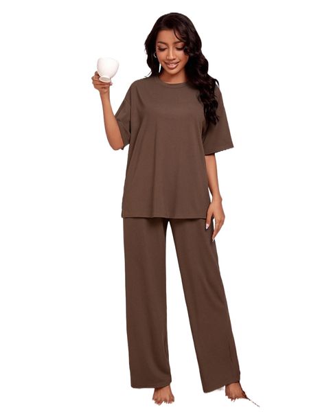 

drop shoulder ribbed knit lounge set i9xw#, Black;red