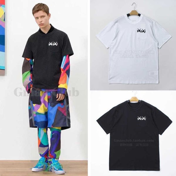 

fashiondemon high street richao sacai style letter embroidery patch bag men's and women's cotton round neck short sleeve tee shirt, White;black