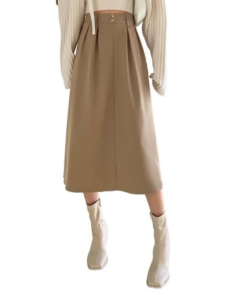 

dazy high waist plicated detail fake button skirt 74y1#, Black