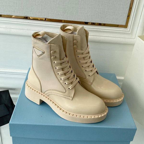 

new pattern quality womens boots apricot calfskin nylon splicing martin shoe combat boots ladies outdoor low-heel lace up luxury designer an, Black