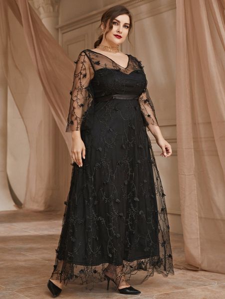 

plus plant embroidered applique mesh prom dress w51n#, Black