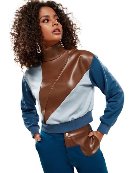 

x bronze empire high waist pu leather sweatshirt j4oe#, Black