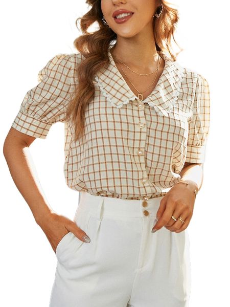 

simplee peter pan collar plaid print lace trim blouse h9ss#, White