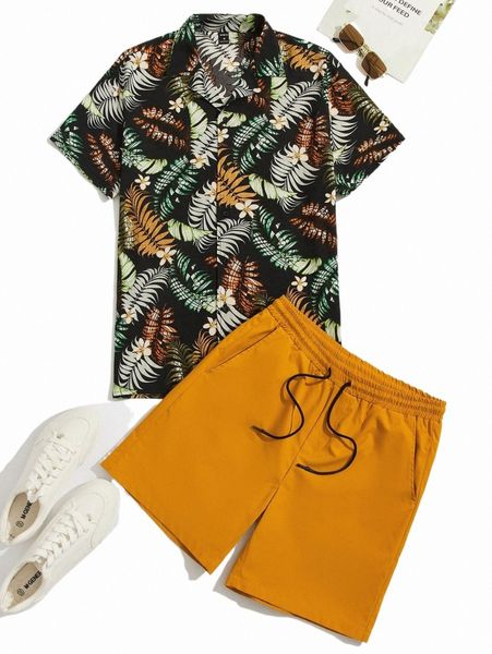 

men tropical print shirt & drawstring waist shorts h63l#, Gray