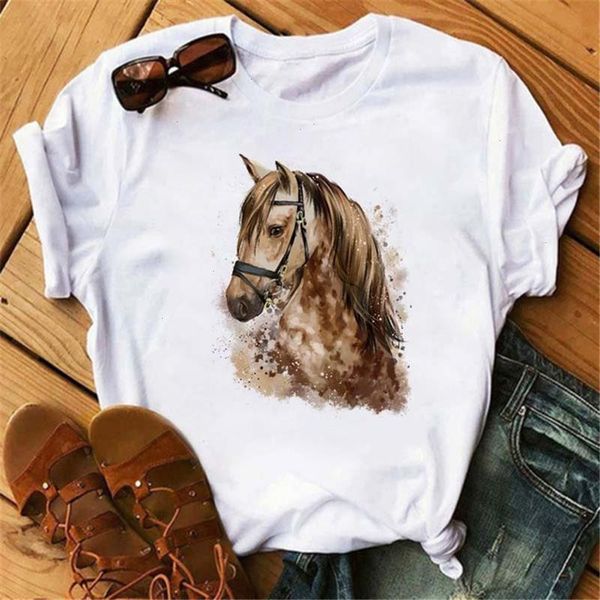 Fixsys Cartoon Horse Animals Maglietta stampata Moda Girocollo Donna Abbigliamento Estate Donna Top bianco Manica corta