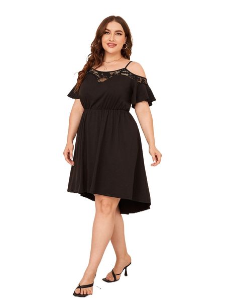 

plus cold shoulder contrast lace high low dress without belt b4ah#, Black
