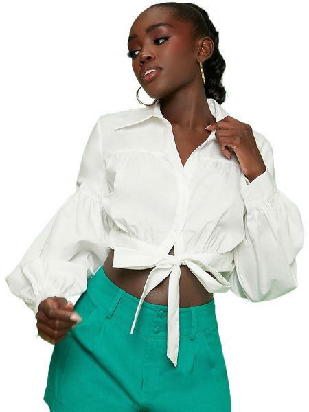 

newness lantern sleeve tie hem blouse a1xa#, White
