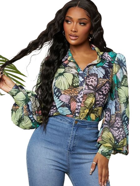 

random butterfly print lantern sleeve chiffon blouse k4j1#, White