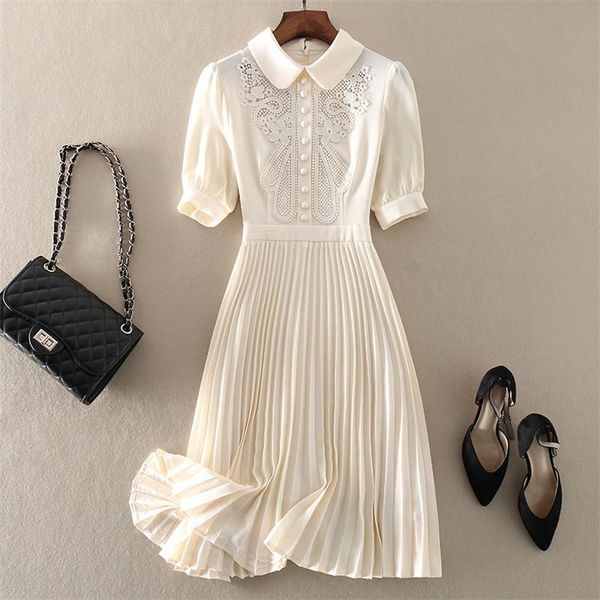

vintage embroidered pleated dress women summer chic sweet short sleeve midi party elegant slim waist a-line es 220425, White;black