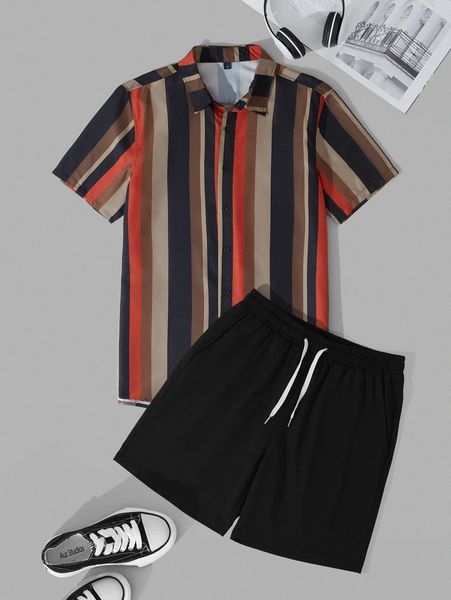 

men vertical striped shirt & drawstring waist shorts o06c#, Gray
