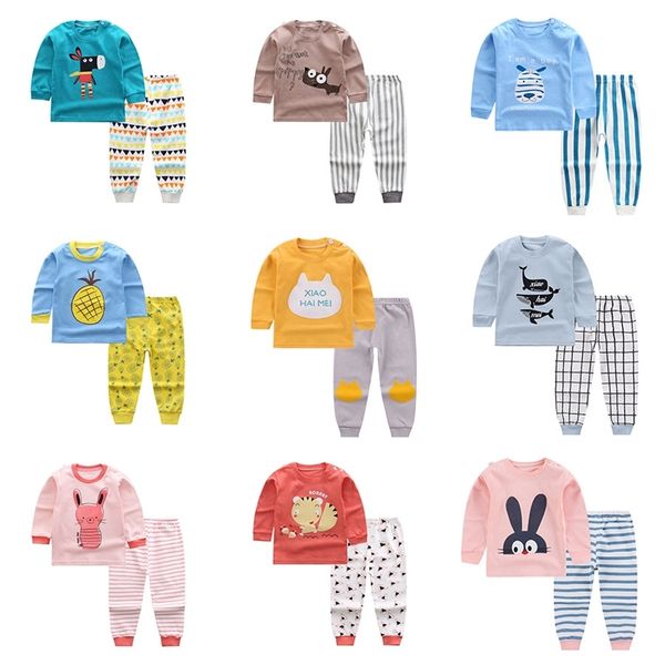 

kids boys girls pajama sets cartoon print long sleeve o-neck t-shirt with pants toddler baby autumn sleeping clothing 220706, Blue;red