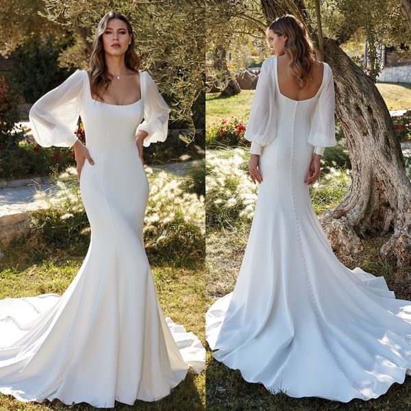 

eddy k beach satin mermaid wedding dress scoop neck long sleeve button back bridal gown sweep train robe de mariee, White