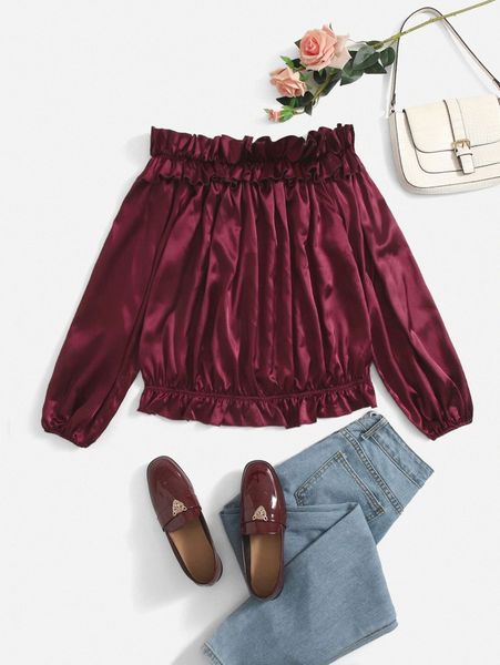 

plus off shoulder ruffle trim blouse e4nd#, Black