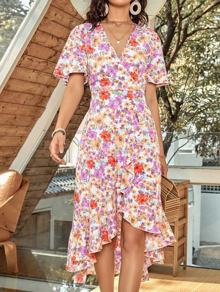 

allover floral print wrap hem dress c0ko#, Black;gray