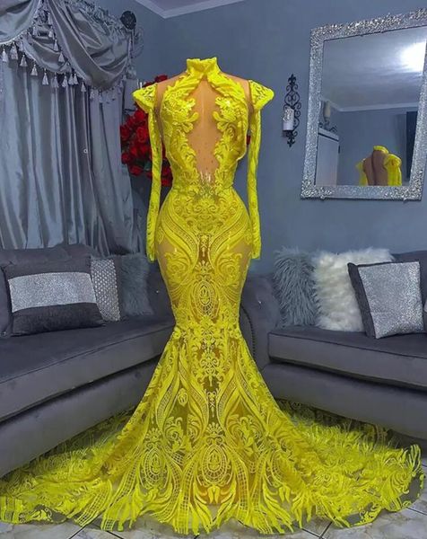 Um PCS ver através de sereia vestidos de noite de alto pescoço frisado manga comprida amarelo lantejoula africano meninas negras longas vestido de baile de vestido paillettes