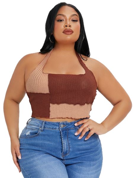 

sxy plus colorblock lettuce trim backless halter t8f4#, Black