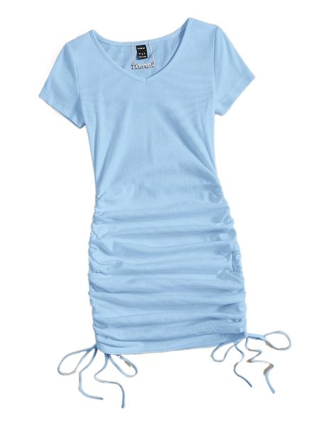 

v-neck drawstring ruched side dress t8du#, Black;gray