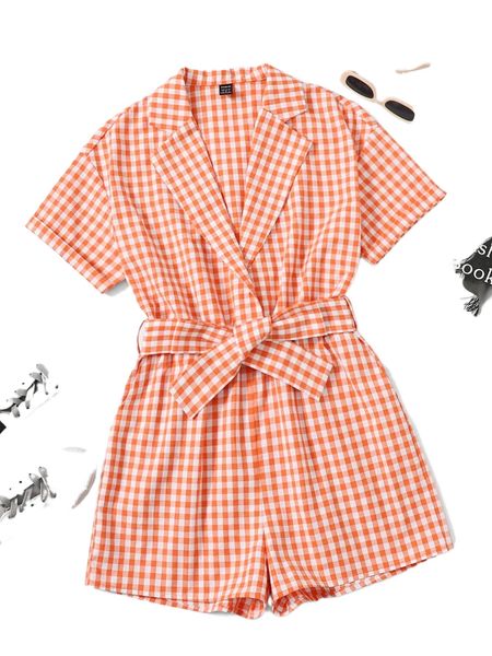 

gingham print lapel neck belted jumpsuit a1p9#, Black;white