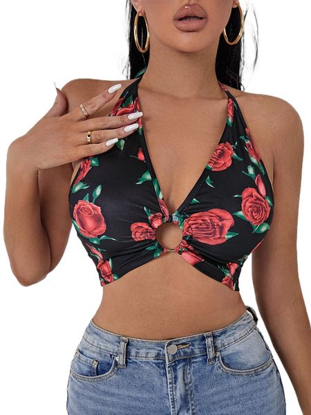 

sxy rose print ring detail halter t7ri#, White